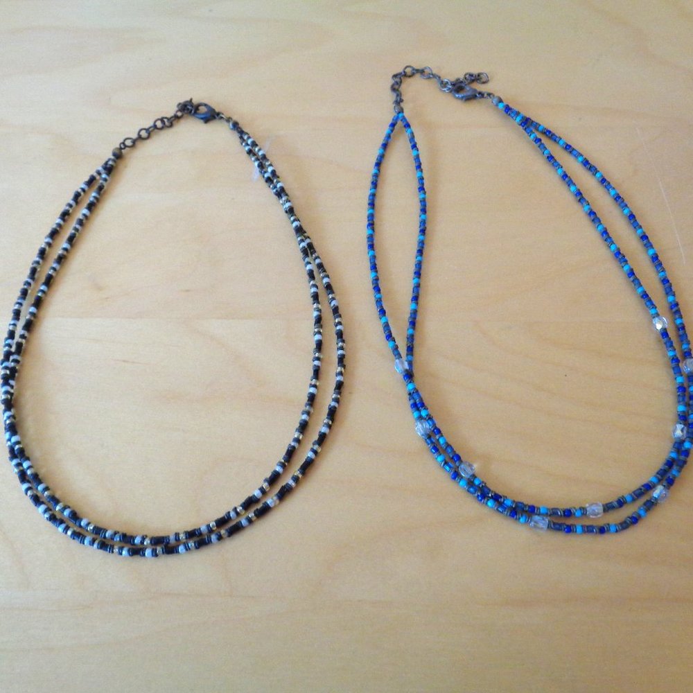 Vintage 2 PC Set Beaded Double Layer Strand Necklaces Black & Blue Beads